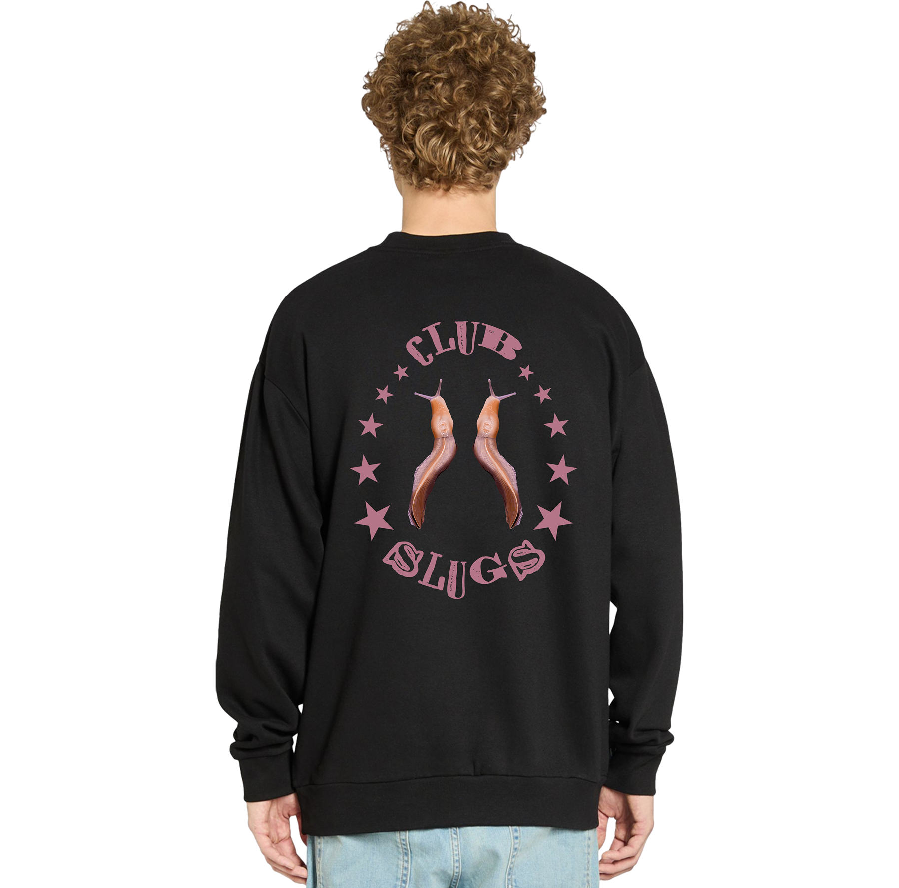 Person wearing a black sweatshirt with 'Club Slugs' design on the back, standing against a white background.