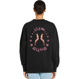 Black sweatshirt with 'Club Slugs' design on the back, worn by a person.