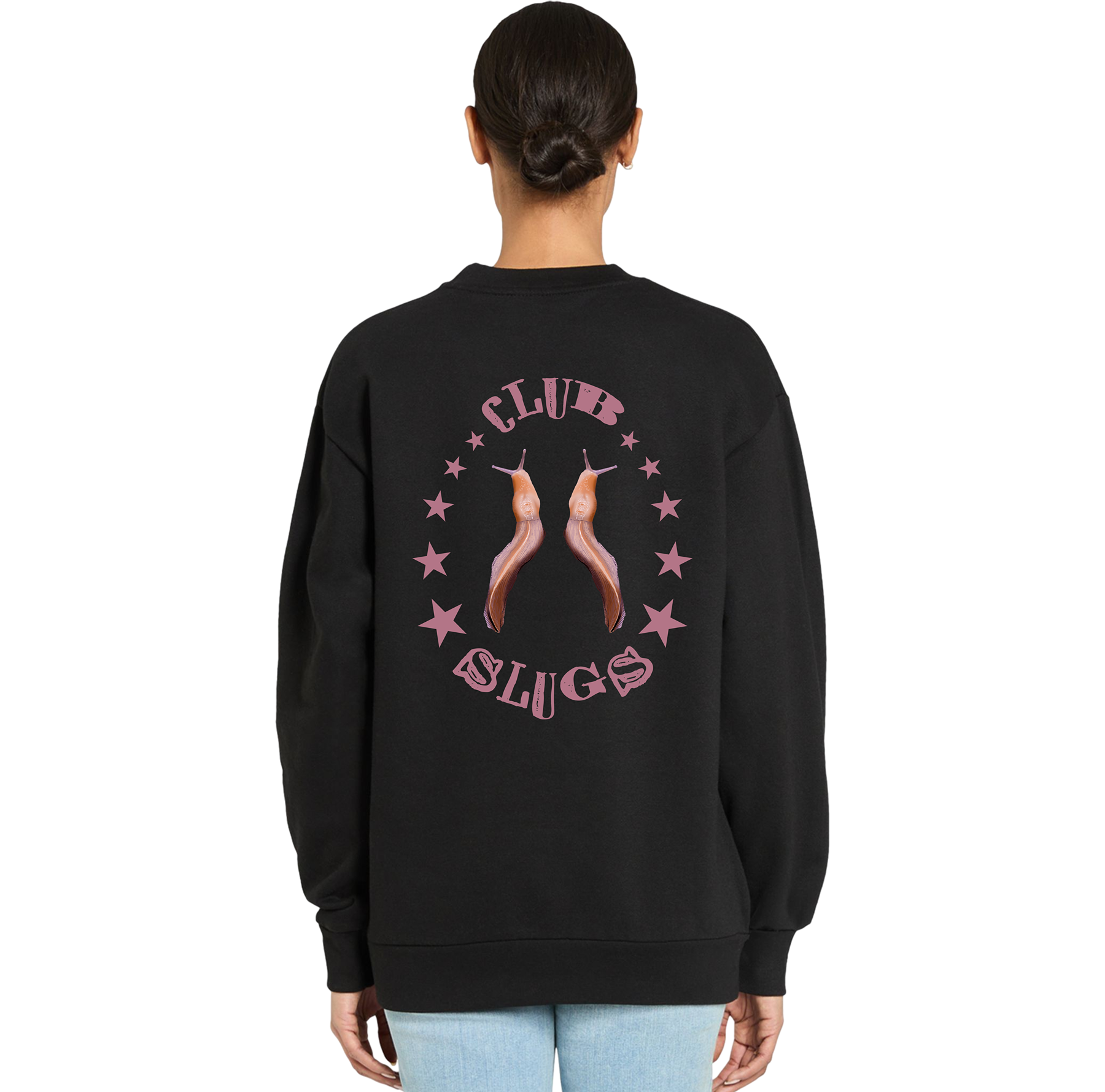 Black sweatshirt with 'Club Slugs' design on the back, worn by a person.