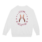 White sweatshirt with 'Club Slugs' graphic on a white background