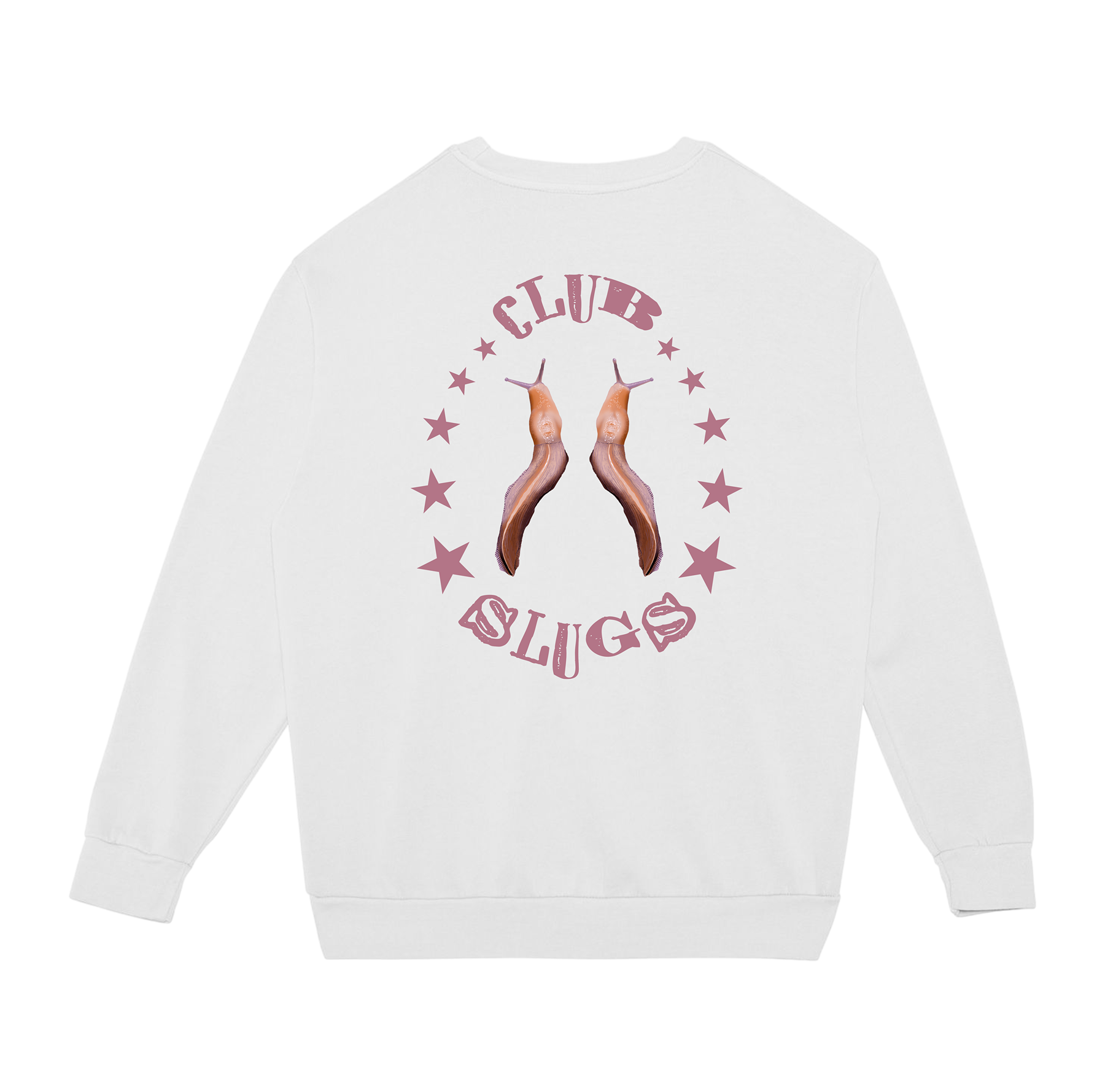 White sweatshirt with 'Club Slugs' graphic on a white background