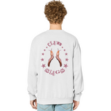 Person wearing a light gray sweatshirt with 'Club Slugs' design on the back, standing against a white background.
