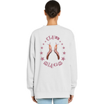 Person wearing a light gray sweatshirt with 'Club Slugs' graphic on the back.