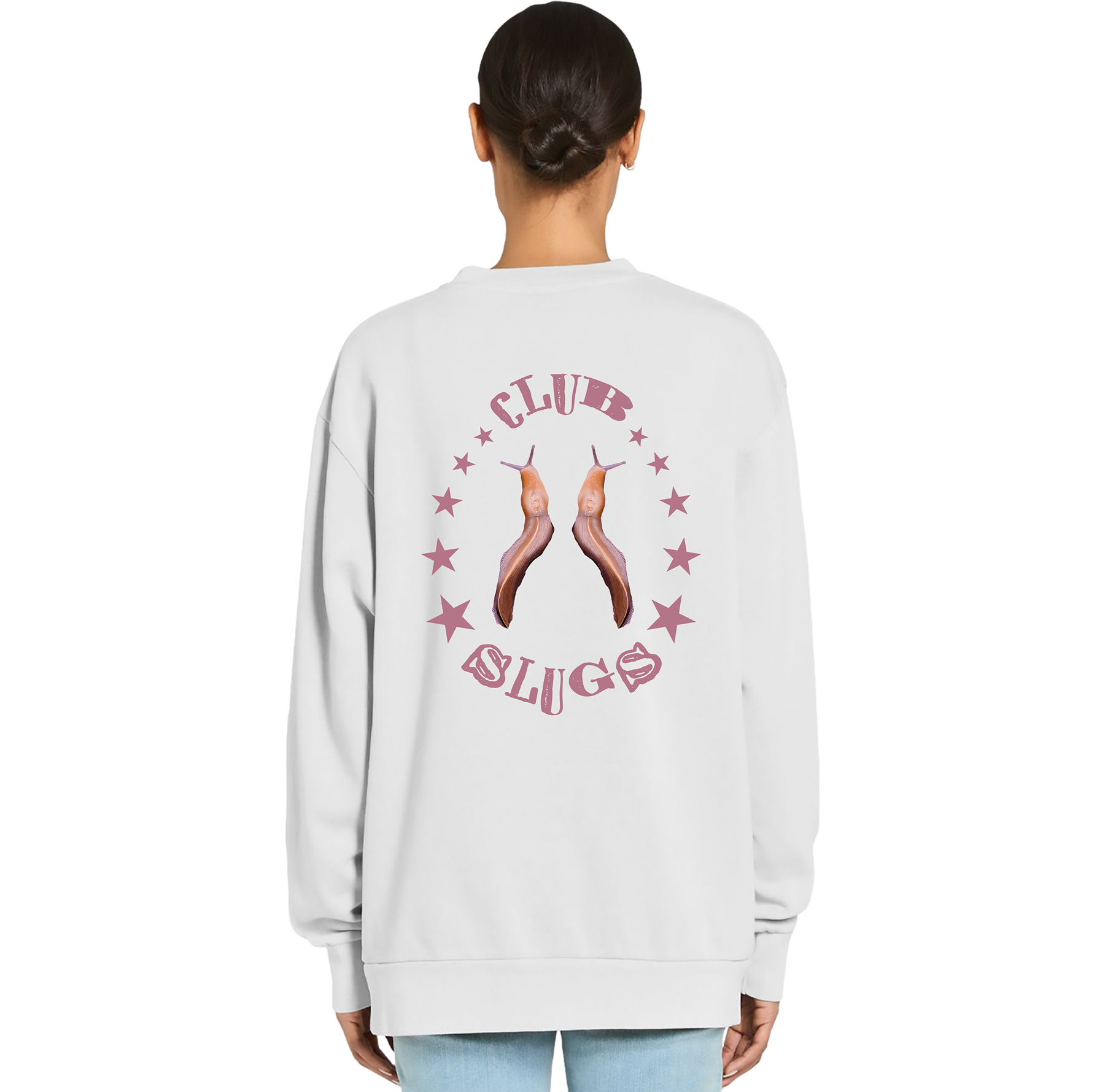 Person wearing a light gray sweatshirt with 'Club Slugs' graphic on the back.