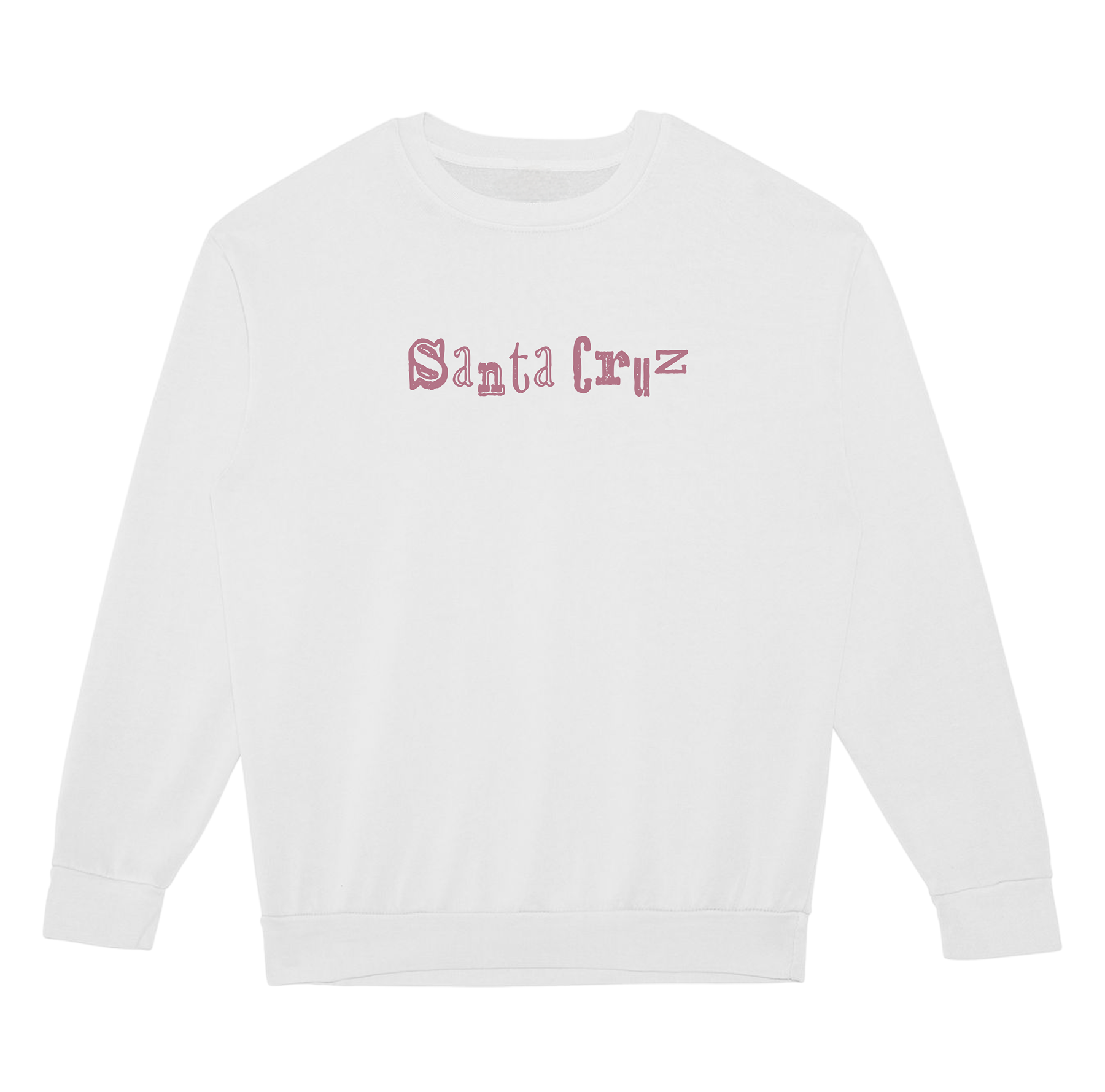White sweatshirt with 'Santa Cruz' text in pink on a white background