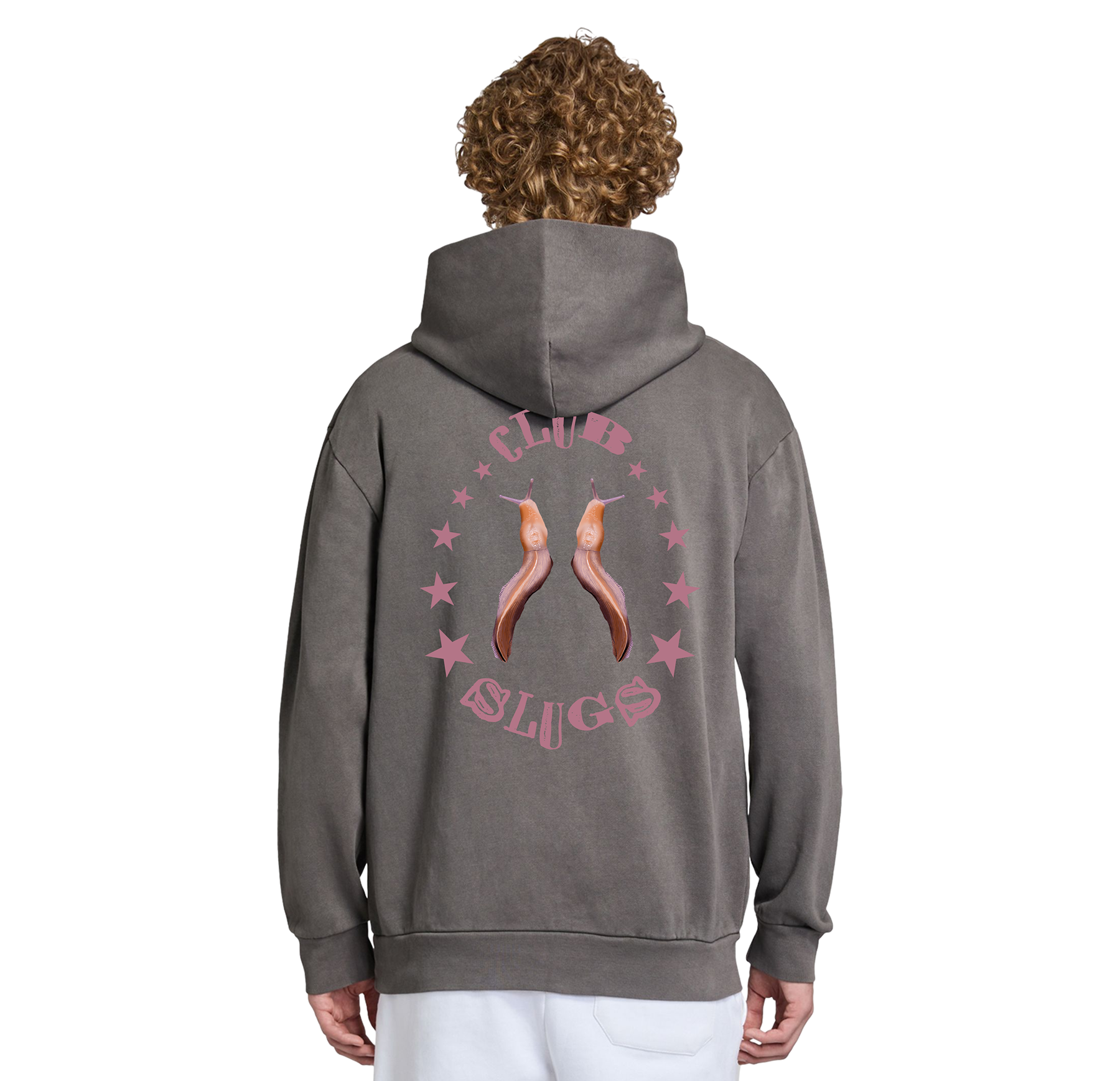 Person wearing a gray hoodie with a graphic design on the back against a white background