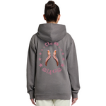 Person wearing a gray hoodie with 'Club Slugs' design on the back