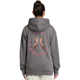 Person wearing a gray hoodie with 'Club Slugs' design on the back