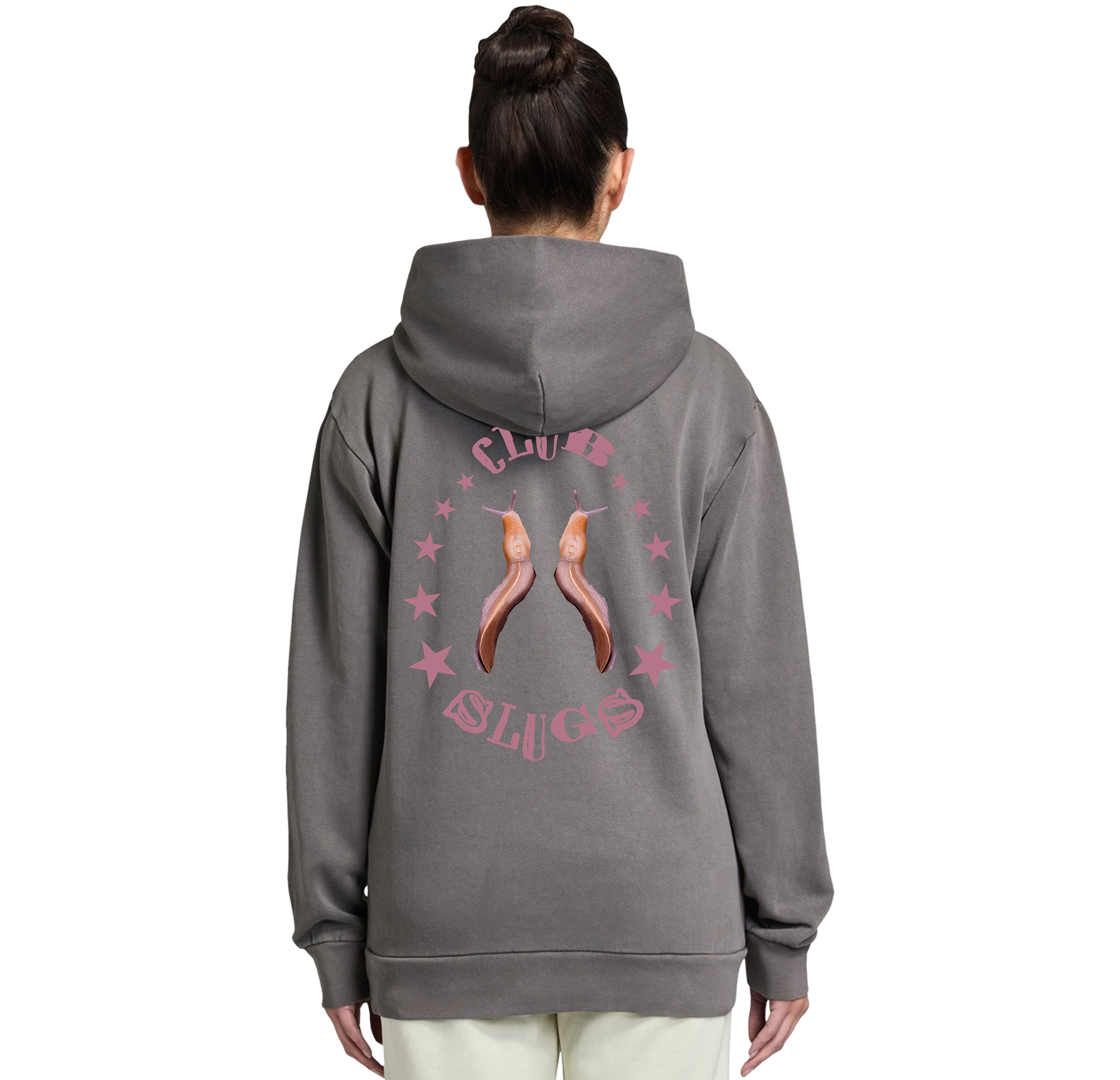Person wearing a gray hoodie with 'Club Slugs' design on the back