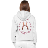 Person wearing a white hoodie with a graphic design on the back
