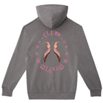 Gray hoodie with 'Club Slugs' design on the back against a white background