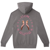 Gray hoodie with 'Club Slugs' design on the back against a white background