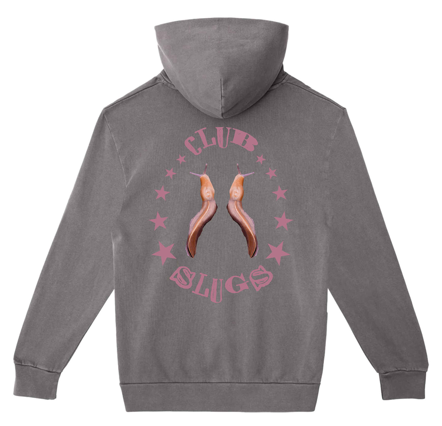 Gray hoodie with 'Club Slugs' design on the back against a white background