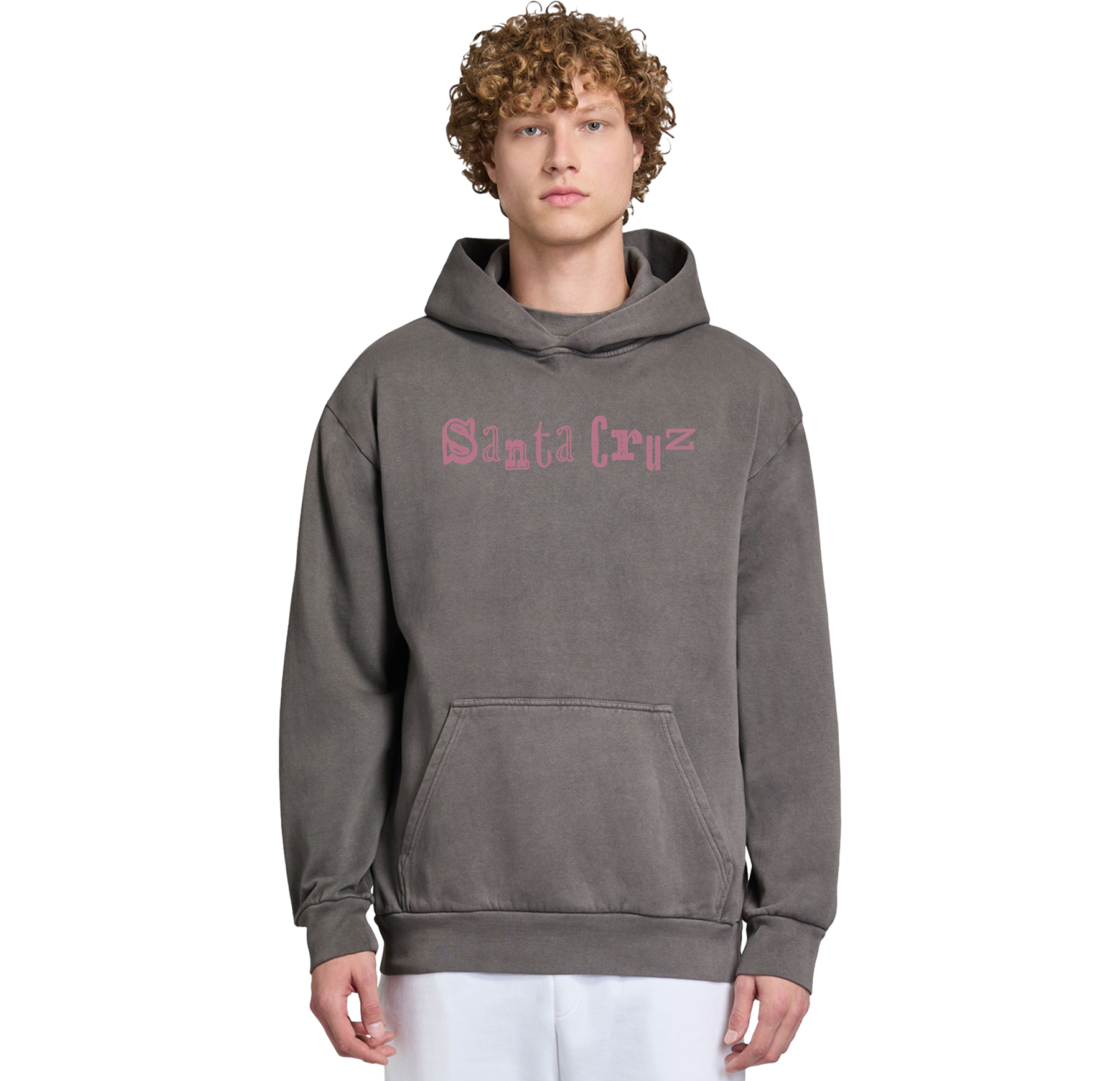Person wearing a gray hoodie with 'Santa Cruz' logo on a white background