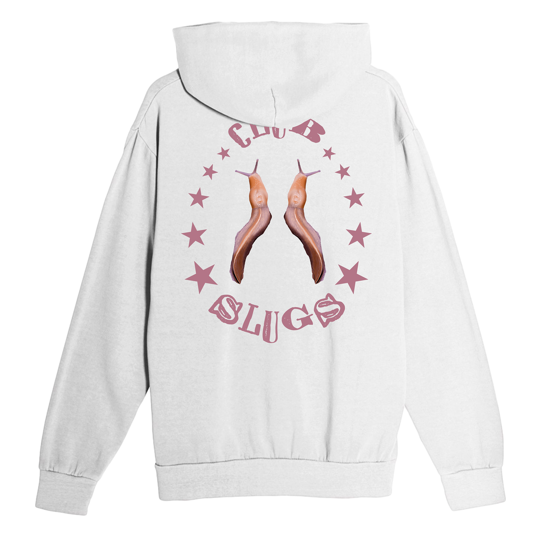 White hoodie with pink 'Cute Slugs' design on a white background