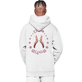 Person wearing a white hoodie with 'Club Slugs' design on the back against a white background