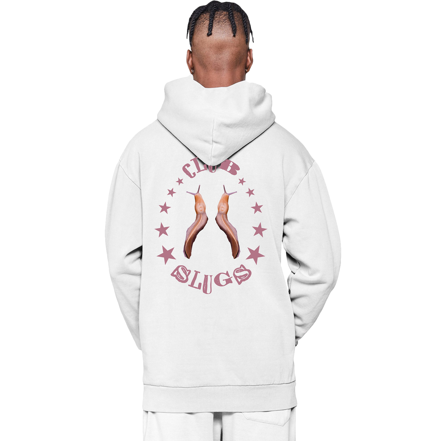Person wearing a white hoodie with 'Club Slugs' design on the back against a white background